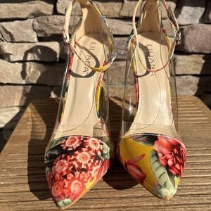 LILIANA Tropical Floral Multi-Color Clear Sides 4.5" Stiletto High Heel Sz 9 EUC